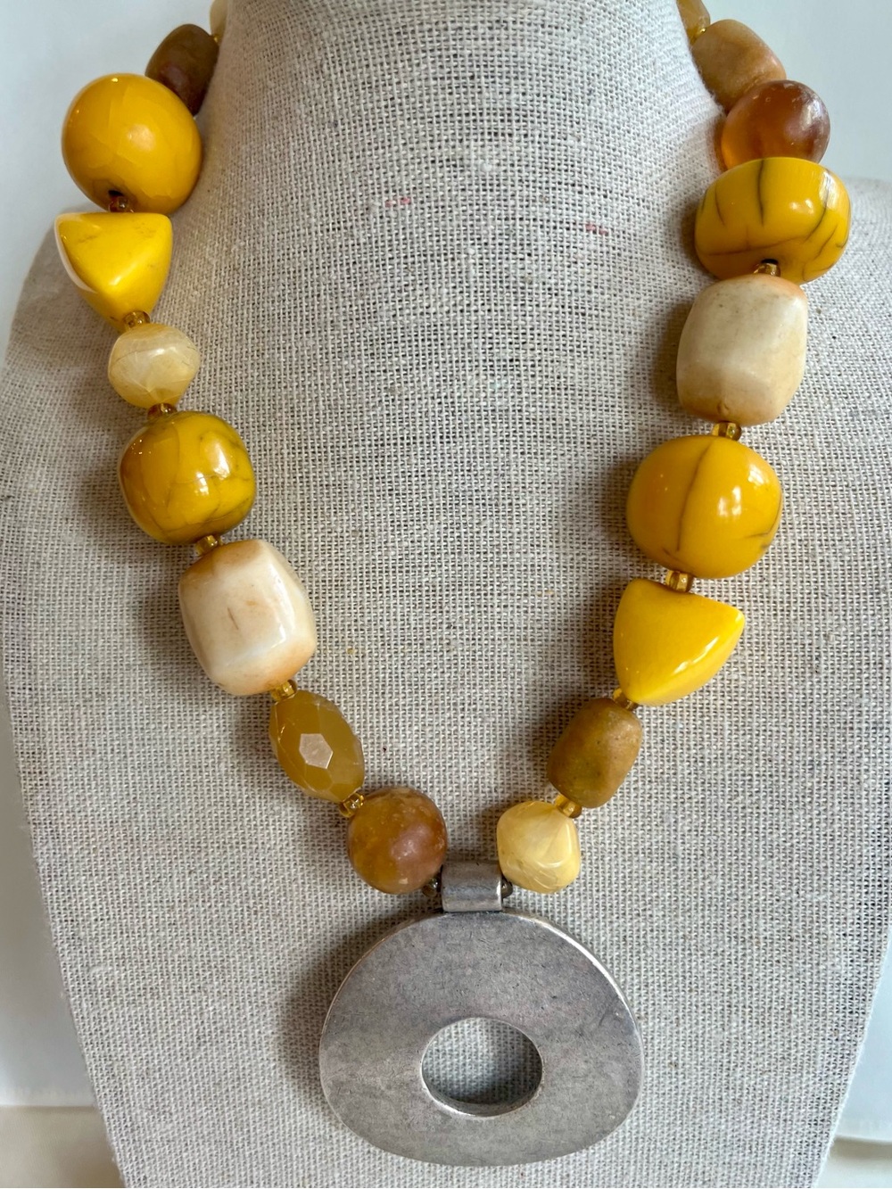 Yellow Beaded Choker Necklace with Silver Pendant